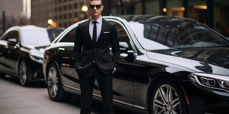 Man in a suit standing beside black luxury cars.