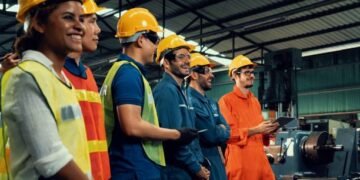 Skillful worker attending brief meeting in the factory . Industrial people and manufacturing labor concept .