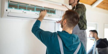 Repairman team installing air conditioner at client's home