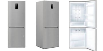 Set of Realistic kitchen refrigerators with open and closed door, isolated fridge machine, freezer. Vector kitchen 3d appliance with digital display, isometric view and front view