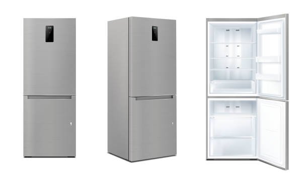 Set of Realistic kitchen refrigerators with open and closed door, isolated fridge machine, freezer. Vector kitchen 3d appliance with digital display, isometric view and front view