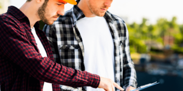 Two men in hard hats examining a tablet, discussing plans on a construction site.